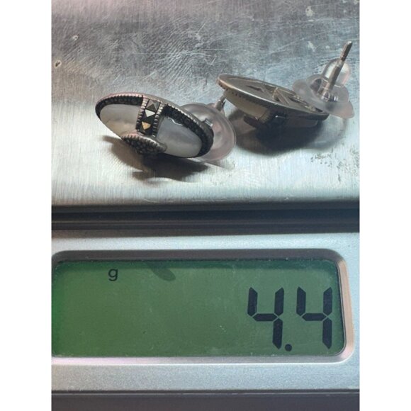 Estate Sterling Silver 925 Oval Marcasite Mother of Pearl EZ Back Stud Earrings - Picture 8 of 8